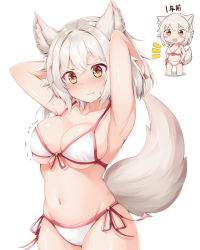 Rule 34 | 1girl, animal ear fluff, animal ears, armpits, arms behind head, bare arms, bare shoulders, bikini, blush stickers, breasts, chibi, chibi inset, cleavage, closed mouth, collarbone, commentary request, commission, front-tie bikini top, front-tie top, inubashiri momiji, looking at viewer, medium breasts, medium hair, navel, pixiv commission, rururiaru, side-tie bikini bottom, simple background, solo, stomach, string bikini, swimsuit, tail, touhou, white background, white bikini, white hair, wolf ears, wolf girl, wolf tail, yellow eyes