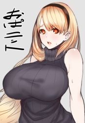Rule 34 | 1girl, amamiya (abaros), bare shoulders, blonde hair, breasts, huge breasts, long hair, looking at viewer, pink background, red eyes, ribbed sweater, sleeveless, sleeveless turtleneck, solo, sweat, sweater, translation request, turtleneck
