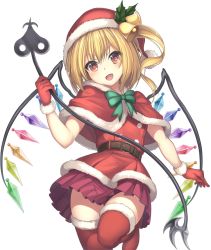 Rule 34 | 1girl, :d, bell, belt, blonde hair, blush, boots, bow, bowtie, brown belt, capelet, commentary request, cowboy shot, crystal, dress, fang, flandre scarlet, fur-trimmed boots, fur-trimmed gloves, fur trim, gloves, green bow, green bowtie, hair bell, hair between eyes, hair ornament, hand up, hat, head tilt, highres, holding, janne cherry, laevatein, long hair, looking at viewer, miniskirt, one side up, open mouth, partial commentary, pleated dress, pom pom (clothes), red capelet, red eyes, red footwear, red gloves, red hat, red shirt, red skirt, santa costume, santa hat, shirt, simple background, skirt, smile, solo, standing, standing on one leg, thigh boots, thighhighs, thighs, touhou, white background, wings, zettai ryouiki