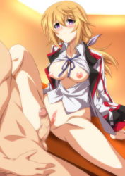 Rule 34 | 1boy, 1girl, breasts, cameltoe, censored, charlotte dunois, hair between eyes, hand on own chest, highres, infinite stratos, ka2, long hair, long sleeves, looking at viewer, looking back, medium breasts, off shoulder, on bed, open mouth, panties, penis, purple eyes, pussy, school uniform, sex, solo, tagme, underwear
