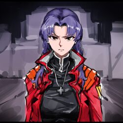 Rule 34 | 1girl, :&lt;, absurdres, artist request, breasts, brown eyes, cross, cross necklace, earrings, highres, jacket, jewelry, katsuragi misato, large breasts, lips, long hair, looking at viewer, necklace, neon genesis evangelion, open clothes, open jacket, purple hair, red jacket, solo, standing