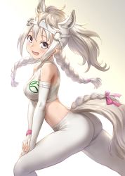Rule 34 | 10s, 1girl, animal ears, ass, blush, braid, breasts, elbow gloves, fingerless gloves, gloves, gradient background, grey eyes, guchico, hands on own knee, highres, horse ears, horse girl, horse tail, japan racing association, kemono friends, long hair, looking at viewer, medium breasts, midriff, open mouth, pants, pantyhose, ponytail, ribbon, sidelocks, simple background, smile, solo, sports bra, tail, tail ornament, tail ribbon, tight clothes, tight pants, twin braids, white background, white gloves, white hair, white sports bra, white thoroughbred (kemono friends)