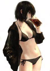 Rule 34 | 1girl, absurdres, bikini, black bikini, black hair, black jacket, blue eyes, breasts, cleavage, closed mouth, cola, collarbone, commentary request, cowboy shot, cup, drink, drinking glass, female focus, hand in pocket, hand up, highres, holding, holding cup, holding drinking glass, hood, hood down, hooded jacket, ice, ice cube, jacket, long sleeves, medium breasts, navel, open clothes, open jacket, original, profile, puffy long sleeves, puffy sleeves, short hair, side-tie bikini bottom, simple background, solo, stomach, swimsuit, tentsuu (tentwo), wet, white background