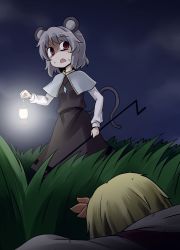 Rule 34 | 2girls, animal ears, blonde hair, grey hair, kousei (public planet), lantern, lying, mouse ears, mouse tail, multiple girls, nazrin, night, on stomach, red eyes, shaded face, tail, toramaru shou, touhou