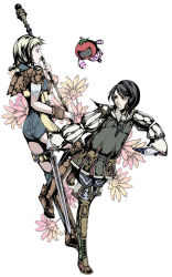 Rule 34 | 00s, 1boy, 1girl, armor, boots, braid, collared socks, dual wielding, final fantasy, final fantasy xii, flower, gloves, greaves, holding, larsa ferrinas solidor, monster, penelo, pteruges, romper, rouge tomato, shorts, sleeve garter, sword, thigh boots, thigh strap, thighhighs, tomato, twin braids, weapon