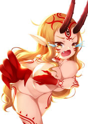 Rule 34 | 1girl, alternate breast size, blonde hair, breasts, claws, cleavage, covering privates, covering breasts, earrings, fang, fate/grand order, fate (series), female focus, highres, horns, huge breasts, ibaraki douji (fate), jewelry, long hair, long pointy ears, nekosama shugyouchuu, nude, oni, oni horns, pointy ears, simple background, solo, white background, yellow eyes