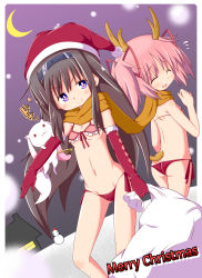 Rule 34 | 10s, 2girls, :3, absurdres, akemi homura, antlers, ass, black hair, blush, bra, butt crack, cameltoe, christmas, closed eyes, elbow gloves, flat chest, flying sweatdrops, gloves, groin, hat, highres, horns, kaname madoka, kyubey, lingerie, long hair, lowleg, lowleg panties, mahou shoujo madoka magica, mahou shoujo madoka magica (anime), matsubara ryuu, multiple girls, navel, panties, pink hair, purple eyes, red gloves, santa hat, scarf, shared clothes, shared scarf, short twintails, side-tie panties, smile, tail, twintails, underwear, underwear only