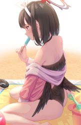 Rule 34 | 1girl, absurdres, beach, bikini, black bikini, black hair, black wings, blue archive, bucket, eating, food, food in mouth, frilled bikini, frills, from side, halo, headband, highres, holding, holding food, jacket, low wings, mashiro (blue archive), mashiro (swimsuit) (blue archive), melting, off shoulder, outdoors, pink jacket, popsicle, popsicle in mouth, purple eyes, sand, sand bucket, sandals, short hair, shoulder blades, sitting, solo, swimsuit, take-run-atelier, thighs, unworn sandals, wariza, white headband, winged halo, wings