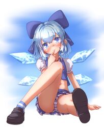 Rule 34 | 1girl, black footwear, blue bow, blue eyes, blue hair, blue skirt, blush, bow, cameltoe, cirno, crop top, detached wings, finger to mouth, foreshortening, hair bow, head tilt, highres, legs, loafers, looking at viewer, md5 mismatch, medium hair, panties, puffy short sleeves, puffy sleeves, shoes, short sleeves, sitting, skirt, smile, socks, solo, striped clothes, striped panties, striped socks, touhou, underwear, webp-to-png conversion, weh, wings