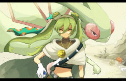 Rule 34 | 1girl, absurdres, belt, brown shirt, cloak, closed mouth, commentary, creatures (company), crossover, desert, double bun, eyelashes, floating hair, flygon, game freak, gen 3 pokemon, gloves, great ball, green hair, ground miku (project voltage), ha01ru28, hair between eyes, hair bun, hair ribbon, hatsune miku, highres, holding, holding poke ball, long hair, looking at viewer, nintendo, outdoors, pants, poke ball, pokemon, pokemon (creature), project voltage, ribbon, sand, shirt, smile, trapinch, twintails, vocaloid, white gloves, yellow eyes