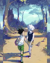 Rule 34 | 2boys, alderion-al, animal, black hair, black tank top, brown shorts, chromatic aberration, commentary request, forest, gon freecss, green shorts, hand grab, highres, hunter x hunter, killua zoldyck, male focus, multiple boys, nature, shadow, shorts, sleeveless, sleeveless turtleneck, spanish commentary, tank top, tree, turtleneck, white hair