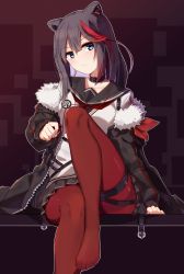 Rule 34 | 1girl, arknights, arm at side, black coat, black hair, black sailor collar, black skirt, blue eyes, blush, buckle, closed mouth, coat, collar, ddt (darktrident), earphones, emblem, fur-trimmed coat, fur trim, gradient background, head tilt, highres, holding, knee up, long hair, long sleeves, looking at viewer, miniskirt, multicolored hair, neckerchief, no shoes, off shoulder, open clothes, open coat, pantyhose, patterned background, pleated skirt, purple background, red hair, red neckerchief, red pantyhose, sailor collar, school uniform, serafuku, shirt, skirt, solo, streaked hair, thighband pantyhose, toes, white shirt, zima (arknights)