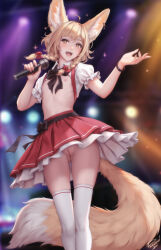 Rule 34 | + +, 1girl, :d, animal ear fluff, animal ears, black bow, black bowtie, black bracelet, bow, bowtie, braid, cleft of venus, commentary, feet out of frame, flat chest, fox ears, fox girl, fox tail, hair bow, hands up, highres, holding, holding microphone, idol clothes, khiara (personal ami), looking at viewer, medium hair, microphone, nipples, no bra, no panties, open clothes, open mouth, open shirt, original, paid reward available, personal ami, pussy, red bow, red skirt, shirt, short sleeves, signature, skirt, smile, solo, stage lights, tail, teeth, thighhighs, twin braids, uncensored, upper teeth only, upskirt, white shirt, white thighhighs, yellow eyes