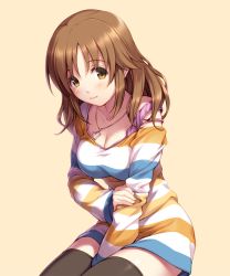 Rule 34 | 1girl, alternate hairstyle, between legs, black thighhighs, blush, breasts, brown eyes, brown hair, cleavage, collarbone, commentary request, cowboy shot, dress, hair down, hand between legs, heart, heart necklace, idolmaster, idolmaster cinderella girls, jewelry, kurage (kurakurapix), large breasts, long hair, necklace, off shoulder, simple background, smile, solo, strap slip, striped clothes, striped sweater, sweater, sweater dress, thighhighs, totoki airi