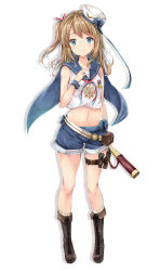 Rule 34 | 1girl, arm behind back, badge, bare arms, bare shoulders, belt, belt pouch, blue bow, blue eyes, blue shorts, boots, bow, brown footwear, brown hair, buckle, cross-laced footwear, formation girls, full body, hair ribbon, hand on own chest, hat, hat bow, holding, knee boots, kneehighs, lace-up boots, legs together, long hair, looking at viewer, navel, official art, one side up, pouch, ribbon, sailor hat, shirt, short shorts, shorts, simple background, sleeveless, sleeveless shirt, socks, standing, stomach, suihi, tareme, thigh strap, thighs, white background, white headwear, white shirt, white socks, wrist cuffs