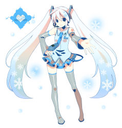 Rule 34 | 1girl, 8055, alternate color, alternate hair color, detached sleeves, female focus, full body, hatsune miku, headset, legs, long hair, necktie, patterned, skirt, smile, snowflakes, solo, thighhighs, twintails, very long hair, vocaloid, white background, white hair, yuki miku, zettai ryouiki