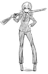 Rule 34 | 10s, 1girl, bespectacled, drill hair, formal, glasses, greyscale, gun, hand on own hip, hirase yuu, long hair, looking at viewer, magical musket, mahou shoujo madoka magica, mahou shoujo madoka magica (anime), monochrome, simple background, sketch, solo, suit, tomoe mami, twin drills, twintails, weapon, white background