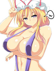 Rule 34 | 1girl, absurdres, alternate costume, bare arms, bare shoulders, bikini, blonde hair, breast hold, breasts, cleavage, closed mouth, collarbone, hat, hat ribbon, highres, large breasts, long hair, looking at viewer, mob cap, mokkori9, navel, purple bikini, purple eyes, red ribbon, ribbon, sidelocks, slingshot swimsuit, smile, solo, speech bubble, stomach, swimsuit, touhou, upper body, v, white background, yakumo yukari