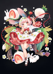 Rule 34 | 1girl, :3, animal, animal ears, arm up, bangle, black background, black footwear, blush, bow, bowtie, bracelet, closed mouth, cropped jacket, daifuku, douya (233), dress, flower, food, food fantasy, frilled dress, frills, fruit, full body, hair bow, hair flower, hair ornament, hand up, highres, ichigo daifuku, jacket, jewelry, leg up, long sleeves, looking at viewer, mary janes, open clothes, open jacket, pink hair, rabbit, rabbit ears, red bow, red bowtie, red eyes, shoes, short hair, smile, socks, solo, standing, standing on one leg, star (symbol), star hair ornament, strawberry, strawberry daifuku (food fantasy), symbol-shaped pupils, wagashi, white dress, white flower, white jacket, white socks, wide sleeves, wings