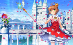Rule 34 | 1girl, bloomers, blue sky, blurry, blurry background, brown hair, building, capelet, cardcaptor sakura, crown, day, diffraction spikes, dress, flower, gloves, green eyes, holding, kinomoto sakura, looking to the side, mini crown, mutsuki (moonknives), open mouth, outdoors, petals, see-through, short hair, sky, smile, solo, standing, underwear, white gloves, yume no tsue