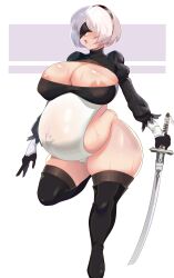 Rule 34 | 1girl, absurdres, areola slip, big belly, blindfold, blush, bob cut, boots, breasts, cleavage, cleavage cutout, clothing cutout, covered erect nipples, curvy, feet out of frame, female focus, gloves, groin, hairband, highres, huge breasts, katana, large areolae, leg up, leotard, mole, mole under mouth, nier:automata, nier (series), outie navel, parted lips, plump, ppalitexx, pregnant, puffy sleeves, short hair, solo, sword, thick thighs, thigh boots, thighhighs, thighs, weapon, white background, white hair, wide hips, 2b (nier:automata)