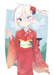 Rule 34 | 1girl, ahoge, akeome, azuma shino, blue eyes, blue nails, blush, closed mouth, dated, fang, fang out, fingernails, floral print, flower, hair bun, hair flower, hair ornament, hand up, happy new year, heterochromia, highres, japanese clothes, kimono, long sleeves, looking at viewer, nail polish, new year, nowareno (azuma shino), obi, original, print kimono, red flower, red kimono, sash, single hair bun, skin fang, slit pupils, smile, solo, torii, waving, white hair, wide sleeves, ||/