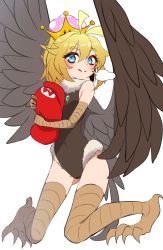Rule 34 | 1girl, puff of air, antenna hair, bird legs, bird wings, black leotard, blonde hair, blue eyes, blush, broom, brown feathers, brown wings, cabbie hat, closed mouth, commentary request, crown, feathers, full body, fur-trimmed leotard, fur trim, gluteal fold, hat, highres, holding, holding clothes, holding hat, klepto, kneeling, leotard, long hair, looking at viewer, mario (series), new super mario bros. u deluxe, nintendo, partial commentary, sarujie (broken monky), simple background, smile, snort, solo, super crown, super mario 64, talons, white background, wings