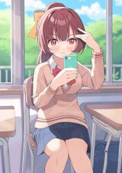 Rule 34 | &gt;:), 1girl, absurdres, arm up, bag, black skirt, blue sky, blush, bow, breasts, brown hair, brown sweater, cellphone, chair, closed mouth, cloud, collared shirt, commentary request, day, desk, dress shirt, feet out of frame, hand up, heart, heart-shaped pupils, highres, holding, holding phone, indoors, knees together feet apart, long hair, long sleeves, looking at viewer, medium breasts, nirareba, on chair, original, phone, pleated skirt, ponytail, red bow, red eyes, school bag, school chair, school desk, school uniform, shirt, sitting, skirt, sky, smile, solo, sweat, sweater, symbol-shaped pupils, v-shaped eyebrows, white shirt, window