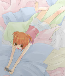 Rule 34 | 1girl, :d, barefoot, bed sheet, blush, brown eyes, feet, lying, on stomach, open mouth, orange hair, original, playing games, pointy ears, sazaki ichiri, smile, solo, two side up, video game