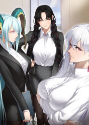 Rule 34 | 3girls, black jacket, breast lift, breasts, commentary request, commission, contemporary, doorway, dress shirt, fate/grand order, fate (series), folder, formal, glowing, glowing eyes, green horns, hand on own hip, holding, holding folder, horns, jacket, kama (fate), large breasts, long sleeves, looking at viewer, looking to the side, medium breasts, multiple girls, office lady, open clothes, open jacket, pantyhose, parted lips, pencil skirt, pink eyes, pixiv commission, profile, red eyes, sessyoin kiara, shirt, skirt, tamamoice, tiamat (fate), upper body, v-shaped eyebrows, white shirt, wing collar, yellow eyes