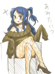 Rule 34 | 1girl, :p, blue eyes, blue hair, blush stickers, chair, fishnet pantyhose, fishnets, homeko (artist), jewelry, legs, crossed legs, long sleeves, matching hair/eyes, necklace, original, pantyhose, sitting, solo, tongue, tongue out