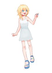 Rule 34 | 1girl, :d, blonde hair, blue eyes, blue footwear, collarbone, commentary, crayon, dress, highres, holding, holding crayon, kingdom hearts, long hair, melkymelkii, namine, open mouth, sandals, simple background, smile, solo, toes, walking, white background, white dress