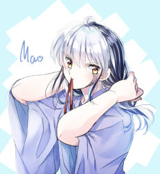 Rule 34 | 1boy, ahoge, arms behind head, blue background, character name, copyright name, dafne, dyed bangs, hair tie in mouth, hands in hair, japanese clothes, kimono, long hair, looking at viewer, male focus, mao (mao), mao (takahashi rumiko), mouth hold, multicolored hair, red ribbon, ribbon, ribbon in mouth, sidelocks, solo, two-tone hair, tying hair, upper body, white background, wide sleeves, yellow eyes