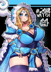Rule 34 | 1girl, blonde hair, blue cape, blue eyes, blue gloves, blue thighhighs, blush, breasts, bridal gauntlets, cape, cleavage, cowboy shot, crystal maiden, dota (series), dota 2, facial mark, forehead mark, fur trim, gloves, holding, hood, hood up, hooded cape, huge breasts, long hair, looking at viewer, osiimi, parted bangs, parted lips, pelvic curtain, solo, staff, thighhighs, thighs