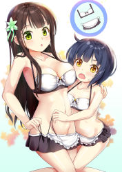 Rule 34 | 2girls, adapted costume, ahoge, ama usa an uniform, apron, bare arms, bare shoulders, bikini, bikini skirt, black skirt, blue background, blue hair, blush, bow, breasts, brown eyes, brown hair, chestnut mouth, cleavage, collarbone, commentary request, fang, fingernails, flower, frilled apron, frills, gochuumon wa usagi desu ka?, gradient background, green bow, green eyes, green flower, groin, hair bow, hair flower, hair ornament, halterneck, hand on another&#039;s shoulder, head tilt, highres, jouga maya, long hair, looking at viewer, maid, maid bikini, medium breasts, multiple girls, navel, niiya, open mouth, parted lips, pleated skirt, short hair, side-tie bottom, skirt, small breasts, sparkle, sweat, swimsuit, ujimatsu chiya, unconventional maid, uniform, untied, very long hair, waist apron, white apron, white background