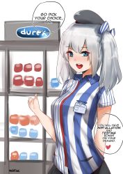 Rule 34 | 1girl, arm behind back, artist name, breasts, collared shirt, durex, employee uniform, english text, eyes visible through hair, facing viewer, highres, id card, kantai collection, kashima (kancolle), lawson, looking at viewer, medium hair, norman maggot, shelf, shirt, short sleeves, silver hair, small breasts, solo, speech bubble, standing, striped clothes, striped shirt, twintails, uniform, vertical-striped clothes, vertical-striped shirt