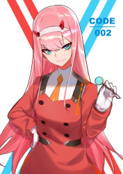 Rule 34 | 10s, 1girl, absurdres, candy, closed mouth, darling in the franxx, dress, eyeshadow, food, gloves, hairband, hand on own hip, highres, holding, holding food, horns, lollipop, long hair, long sleeves, looking at viewer, makeup, military, military uniform, qingli green, red dress, smile, solo, straight hair, tsurime, uniform, upper body, very long hair, white gloves, white hairband, zero two (darling in the franxx)