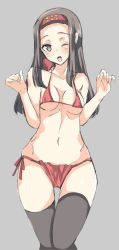 Rule 34 | 10s, 1girl, abenattou, bikini, black thighhighs, bow, breasts, brown eyes, brown hair, commentary request, fundoshi, girls und panzer, grey background, headband, japanese clothes, legs together, long hair, looking at viewer, medium breasts, navel, one eye closed, open mouth, red bikini, red bow, red fundoshi, red headband, saemonza (girls und panzer), side-tie bikini bottom, simple background, solo, standing, swimsuit, thigh gap, thighhighs, w arms