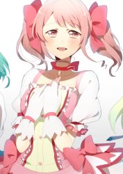 Rule 34 | 1girl, bang dream!, blush, bow, choker, cosplay, crossover, dress bow, gem, gloves, hair bow, hands on own chest, harusawa, kaname madoka, kaname madoka (cosplay), magical girl, mahou shoujo madoka magica, mahou shoujo madoka magica (anime), maruyama aya, medium hair, open mouth, pink bow, pink eyes, pink hair, pink neckwear, pink ribbon, puffy short sleeves, puffy sleeves, ribbon, ribbon choker, short sleeves, short twintails, solo, swept bangs, twintails, upper body, white background, white gloves