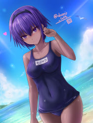 Rule 34 | 1girl, alternate costume, blue sky, blue one-piece swimsuit, breasts, collarbone, covered navel, cowboy shot, dark skin, dark-skinned female, day, fate/grand order, fate (series), hassan of serenity (fate), haura akitoshi, heart, looking at viewer, medium breasts, name tag, one-piece swimsuit, outdoors, purple eyes, purple hair, school swimsuit, short hair, sky, smile, solo, swimsuit