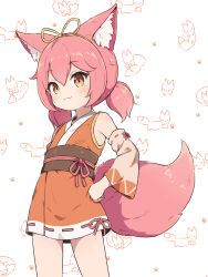 1girl :3 animal_background animal_ears bare_shoulders blush brown_eyes brown_kimono brown_sleeves character_request closed_mouth detached_sleeves fox_ears fox_girl fox_tail hair_between_eyes hand_on_own_hip highres japanese_clothes kimono long_sleeves low_twintails maplestory nekono_rin obi pink_hair ribbon-trimmed_kimono ribbon-trimmed_sleeves ribbon_trim sash short_twintails simple_background sleeveless sleeveless_kimono smile solo standing tail twintails white_background wide_sleeves