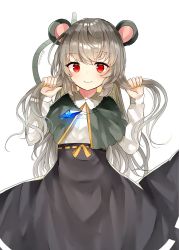 Rule 34 | 1girl, alternate hair length, alternate hairstyle, animal ears, black skirt, blush, capelet, collared shirt, commentary request, grey hair, holding, holding hair, jewelry, long hair, long sleeves, looking at viewer, mouse ears, mouse tail, nazrin, pendant, red eyes, ribbon-trimmed skirt, ribbon trim, sakizaki saki-p, shirt, sidelocks, simple background, skirt, smile, solo, standing, tail, touhou, twintails day, twitter username, upper body, white background, white shirt, wing collar