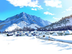 Rule 34 | anchoku 0621, blue sky, building, cloud, commentary request, day, highres, house, mountain, no humans, original, outdoors, revision, rural, scenery, sky, snow, tree, village, winter