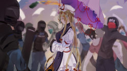 Rule 34 | 2020, 4girls, 6+boys, arm strap, arm up, blonde hair, blurry, blurry background, body armor, bow, breasts, expressionless, faceless, flame print, from side, hair bow, hat, helmet, highres, holding, holding umbrella, hood, hood up, hoodie, long hair, long sleeves, mask, medium breasts, mob cap, molotov cocktail, mouth mask, multiple boys, multiple girls, multiple others, naufaldreamer, no mouth, parasol, police, police uniform, profile, ribbon trim, riot shield, rioting, shield, sidelocks, solo focus, surgical mask, swat, tabard, throwing, touhou, trigram, umbrella, uniform, very long hair, wide sleeves, yakumo yukari, yellow eyes, yin yang, yin yang print