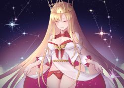 Rule 34 | 1girl, absurdres, artist request, bare shoulders, belly chain, blonde hair, blush, breasts, cleavage, closed eyes, closed mouth, constellation, crown, curtsey, dress, europa (fate), fate/grand order, fate (series), highres, jewelry, large breasts, long hair, long sleeves, night, night sky, panties, red panties, sky, smile, taurus (constellation), thighs, underwear, very long hair, white dress