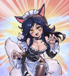Rule 34 | 1girl, :d, ahri (league of legends), alternate costume, animal ears, bare shoulders, black dress, black sleeves, breasts, brown thighhighs, cleavage, collarbone, cowboy shot, detached sleeves, dress, enmaided, facial mark, fang, fox ears, fox tail, large breasts, league of legends, long sleeves, maid, maid headdress, multiple tails, open mouth, orange eyes, phantom ix row, shiny skin, smile, solo, tail, thighhighs, whisker markings