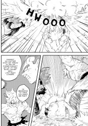 Rule 34 | 2boys, absurdres, angry, backflip, bodysuit, boots, brian harding (brihard), clenched teeth, comic, commentary, dragon ball, emphasis lines, english commentary, explosion, fortnite, gloves, greyscale, highres, male focus, monochrome, multiple boys, muscular, muscular male, ruyi jingu bang, saiyan armor, serious, sheath, shirt, son goku, speech bubble, speed lines, spiked hair, super saiyan, super saiyan blue, teeth, torn bodysuit, torn clothes, torn shirt, ultra instinct, vegeta