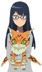 Rule 34 | 10s, 1girl, animal, blunt bangs, cat, claws, digimon, digimon (creature), digimon adventure tri., eyebrows, glasses, green-framed eyewear, green eyes, holding, long sleeves, meicoomon, mochizuki meiko, pointy ears, red eyes, shin (sin0125), simple background, solo, sweater, tsurime, white background