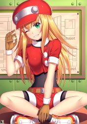 Rule 34 | 1girl, belt, blonde hair, blueprint (object), blush, breasts, brown gloves, capcom, covered navel, crop top, gloves, green eyes, hat, indian style, indoors, long hair, medium breasts, mega man (series), mega man legends (series), multicolored footwear, ok sign, one eye closed, parted lips, red hat, red shorts, roll caskett (mega man), short shorts, short sleeves, shorts, sitting, smile, solo, sparkle, straight hair, zerg309