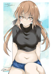 Rule 34 | 1girl, alternate breast size, black bow, black shirt, blue shorts, bow, breasts, brown eyes, brown hair, cowboy shot, crop top, dolphin shorts, gakky, highres, kantai collection, long hair, looking at viewer, low twintails, medium breasts, midriff, navel, one-hour drawing challenge, shirt, shorts, sitting, solo, tashkent (kancolle), twintails